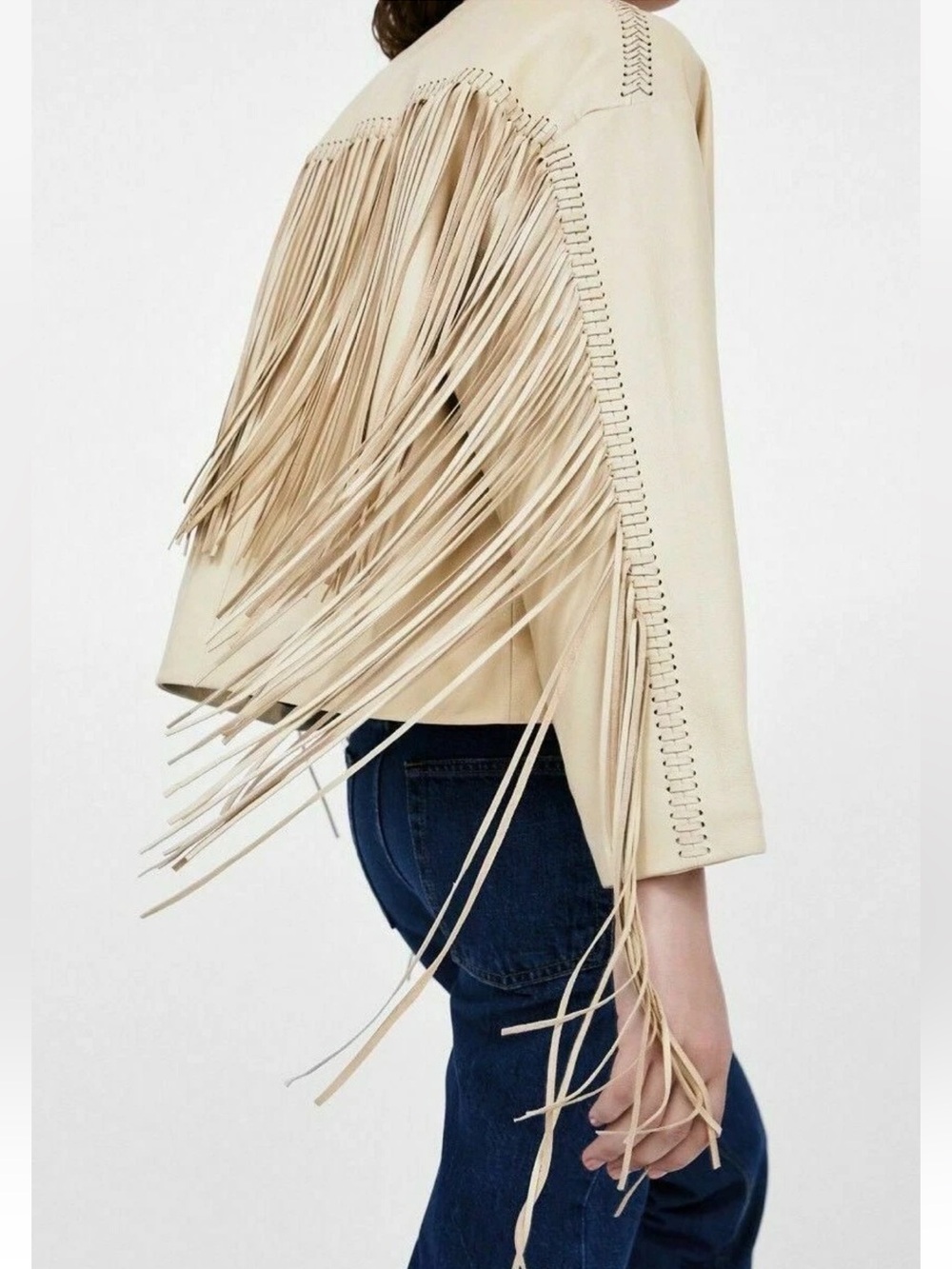 𝐙𝐀𝐑𝐀 Cream Boxy Leather Fringe Jacket XS